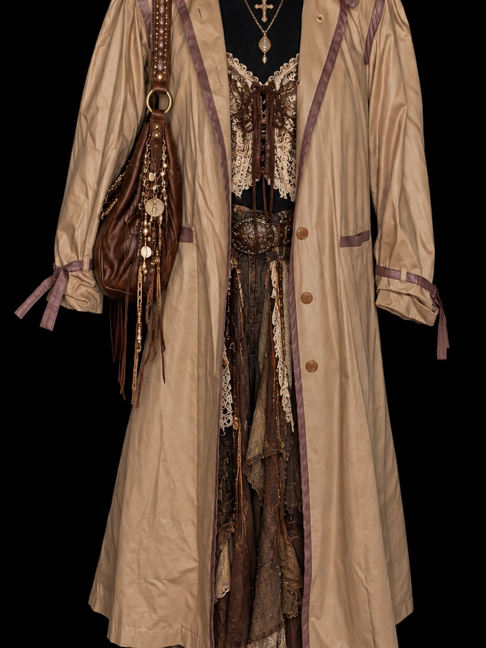Women's Beige Long Trench Coat with Taupe Trim